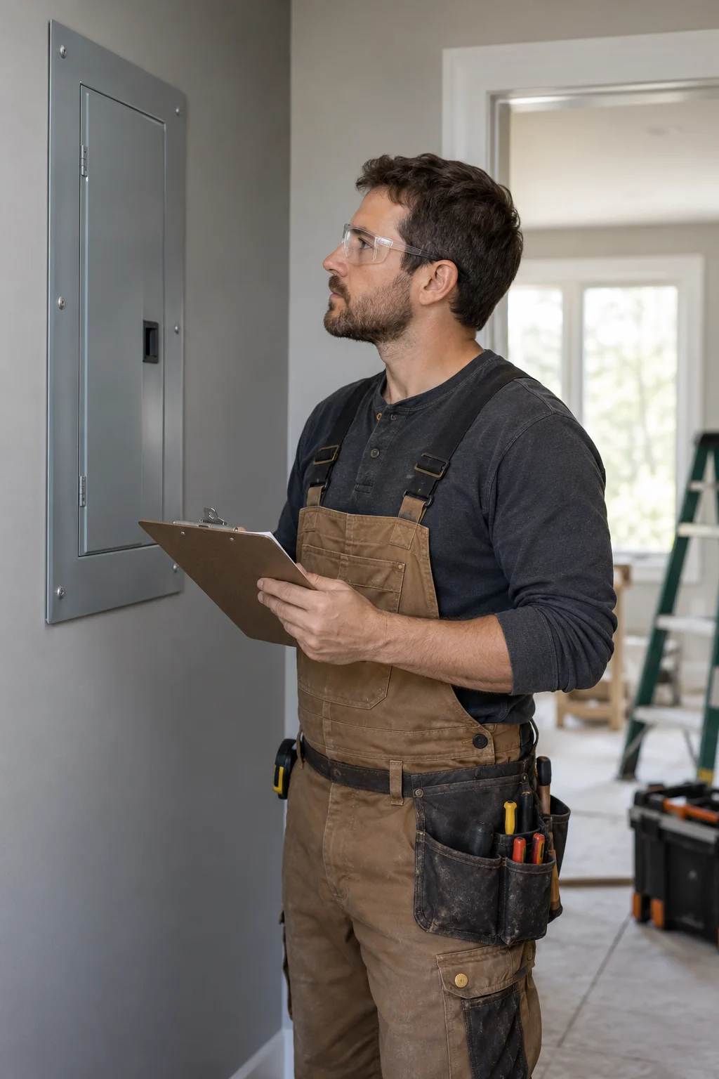 Electrician reviewing a closed service panel during a home renovation