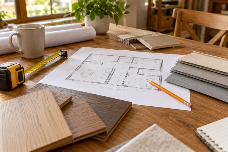 House plans, measuring tape and building material samples