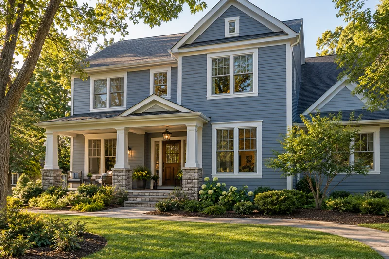 Blue-gray lap siding and white porch trim on a house